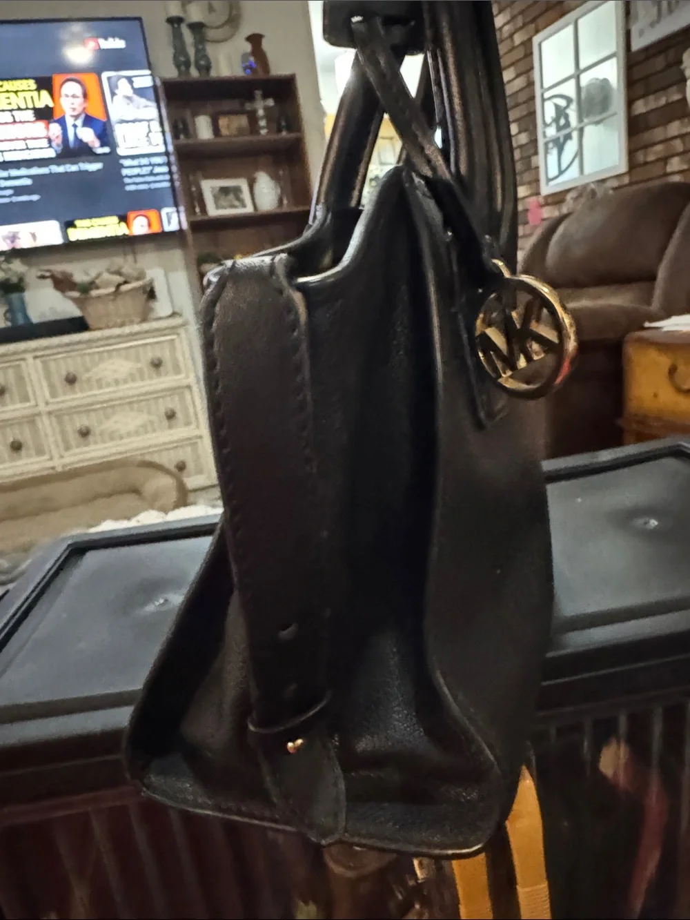 Michael Kors Avril Small Leather MK Charm Crossbody Top Zip Satchel Bag (Black)